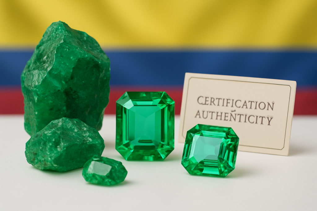 Esmeraldas colombianas en bruto y talladas con certificación de autenticidad, exhibidas sobre bandera de Colombia