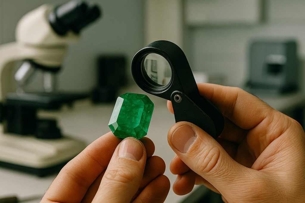 Primer plano de una esmeralda siendo examinada con lupa sobre una mesa de joyero, en un entorno de taller artesanal en Colombia.